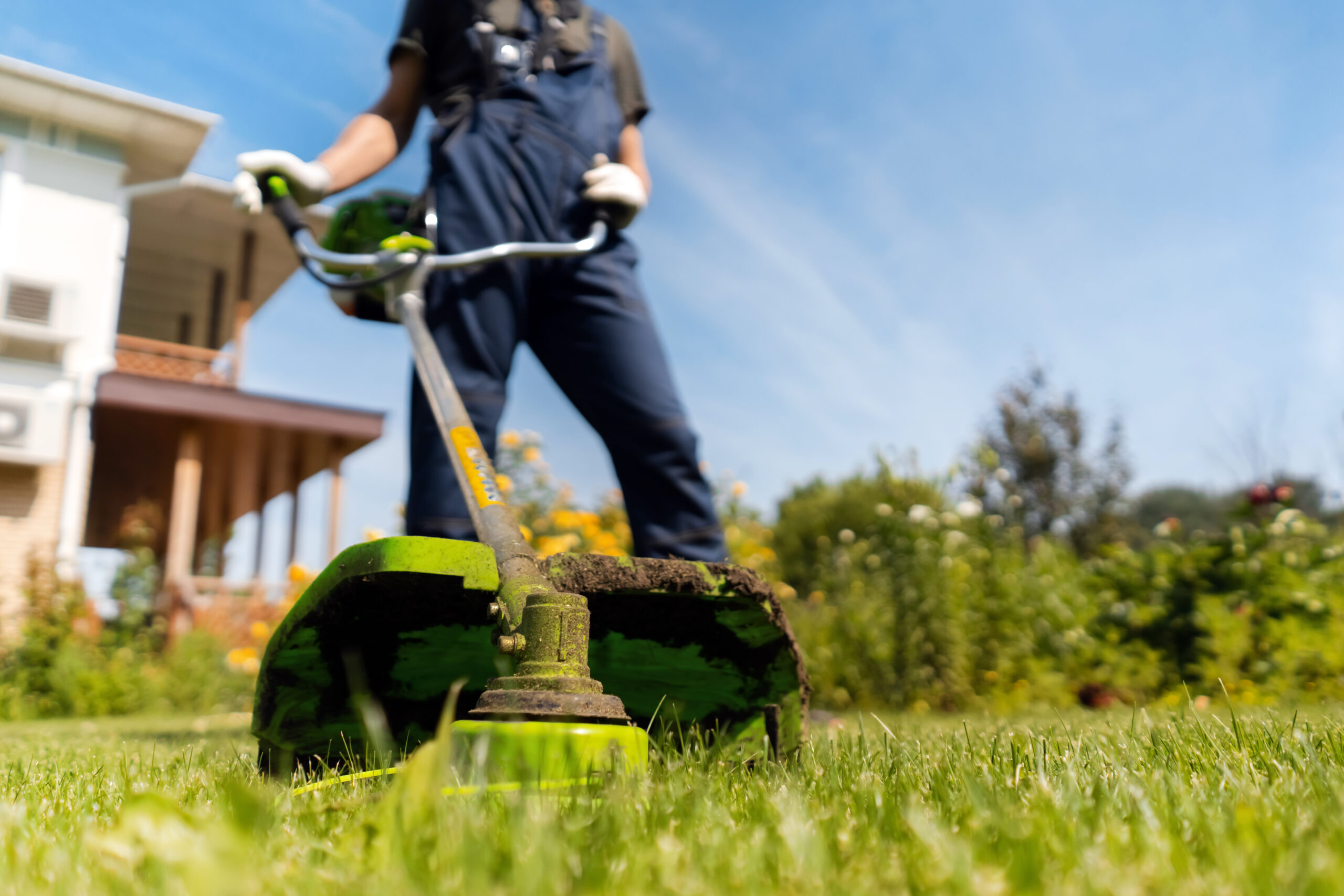 Gardener is mowing a lawn on a sunny day.